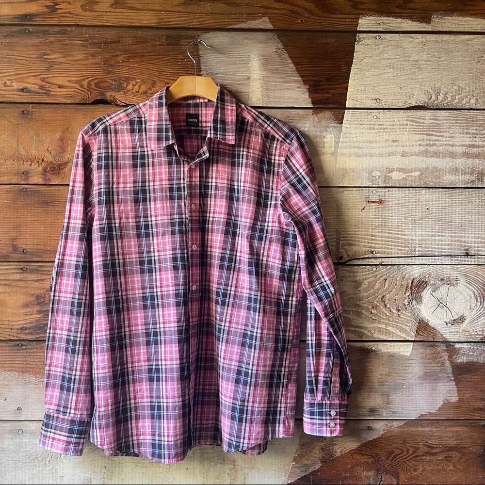 Hugo Boss Pink & Brown Long Sleeve Button Up Shirt